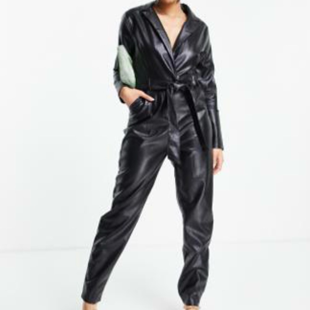 Missguided Black Belted Faux Leather Jumpsuit